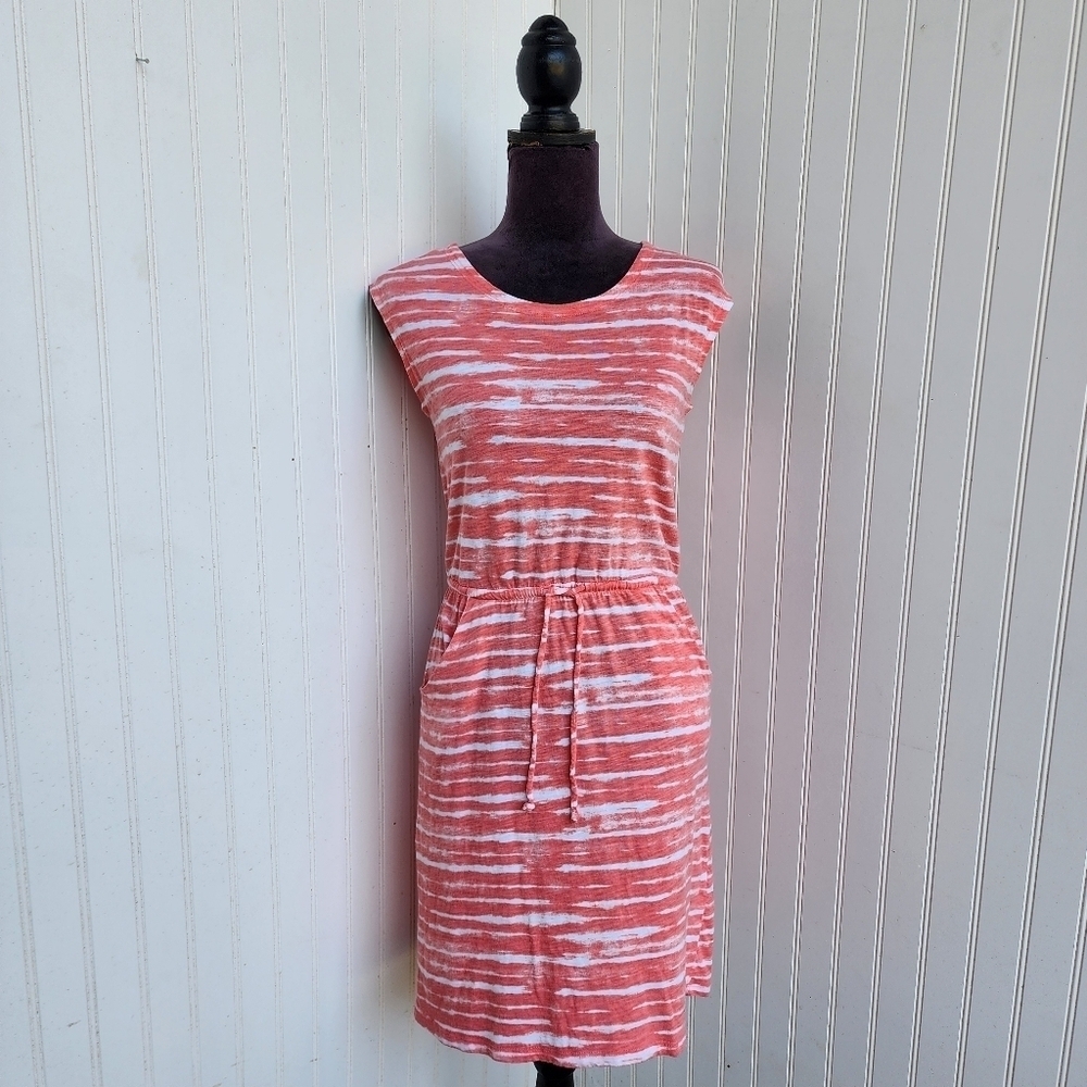 Sonoma Womens Dress Coral Pink White Drawstring Stretch Cap Sleeve Modal Soft XS